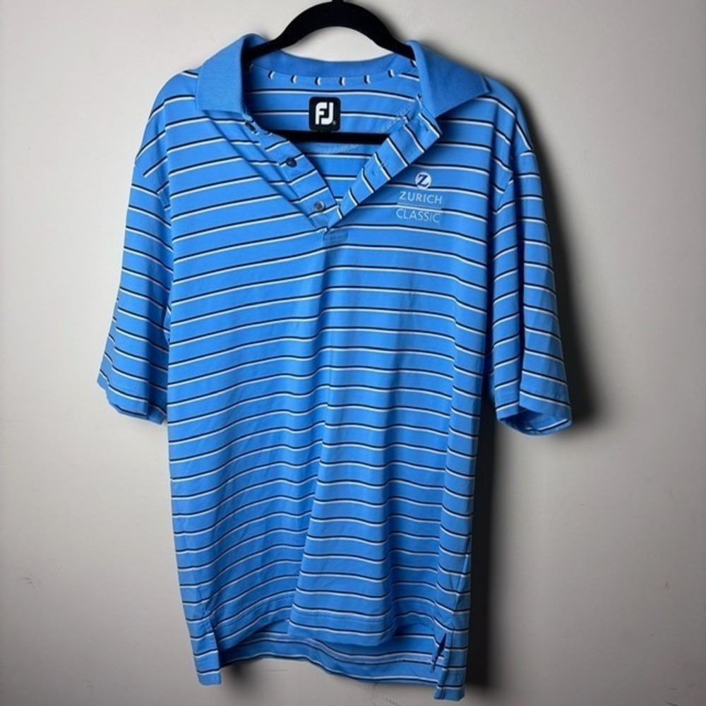 Mens M FootJoy Polo Shirt Blue Striped Zurich Classic Golf Collared Short Sleeve